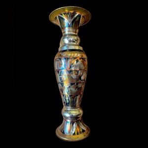 Tall Grecian black, gold and copper vase.